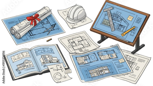 Architects display construction plans and blueprints on a table and board