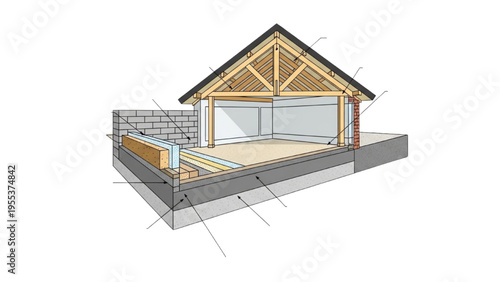 A cross-section illustration of a house foundation and frame under construction