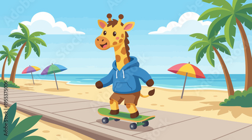 A cheerful giraffe riding a skateboard along a beautiful beach, exuding joy and playfulness, symbolizing childhood fun and the joy of outdoor activities by the shore.