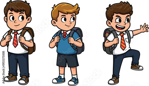 Cartoon school boys, kids with backpacks, student illustration, children in uniform, happy classmates, education design, cute pupils, learning characters, vector art