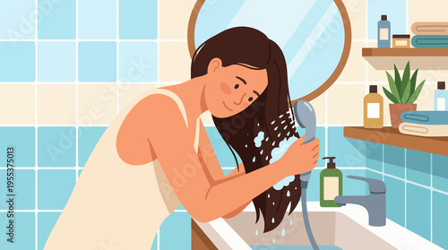 A young woman happily washing her hair in a cozy, well-lit bathroom, highlighting self-care, personal grooming, and the importance of taking time for oneself in a daily routine.