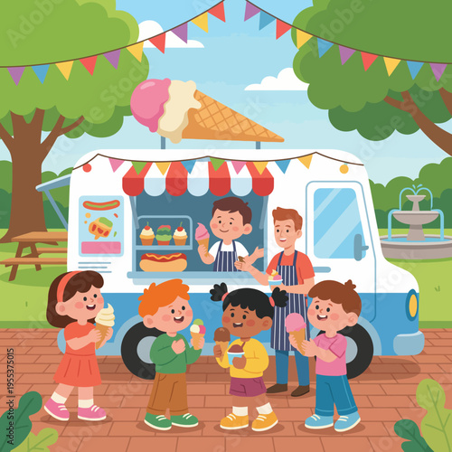 A joyful scene of children gathered around a colorful ice cream truck, delighting in various ice cream flavors, capturing the essence of childhood joy, fun, and community.