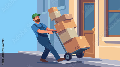 A warehouse worker pushes a dolly loaded with boxes, illustrating the hard work and dedication involved in logistics and transportation in modern industries.