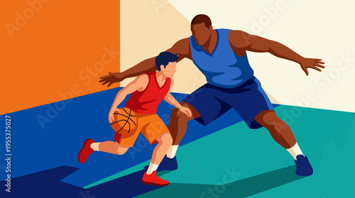 Two basketball players, one defending and one dribbling, demonstrate the intensity and strategy of sports, highlighting competition, teamwork, and athleticism.