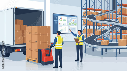A team of warehouse workers collaborates on packaging and sorting boxes, reflecting teamwork, organization, and efficiency within a busy logistics environment.