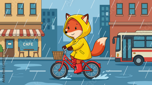 A charming cartoon fox wearing a yellow raincoat rides a bicycle in the rain, showcasing playfulness and adventure while highlighting the fun of outdoor activities.