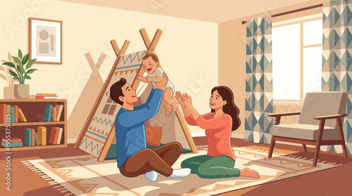A happy family is enjoying their time together, playing with a baby in a well-decorated living room, emphasizing love, togetherness, and joy in a warm environment.