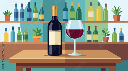 An elegant display of a wine bottle alongside a glass on a wooden table, representing sophistication and inviting relaxation for a peaceful evening at home.