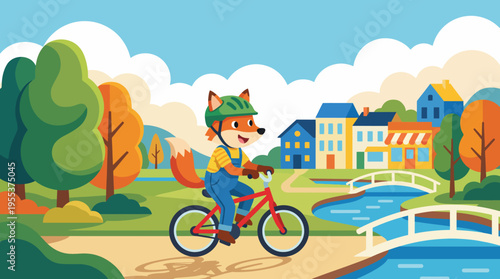 A cute cartoon fox wearing a helmet rides a bicycle through a vibrant park setting, capturing the essence of health, activity, and outdoor fun in a lively environment.