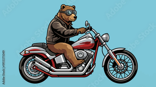 A cool bear wearing goggles and a leather jacket rides a classic motorcycle, embodying freedom and adventure against a vibrant blue background, exuding a fun, playful vibe.