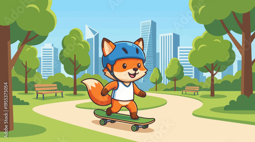 An animated fox wears a helmet and rides a skateboard through a scenic park, blending playfulness and urban adventure while promoting outdoor activities and friendship.