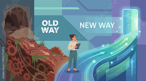 This illustration contrasts the old and new ways of technology and progress, highlighting the transition from outdated practices to modern advancements and innovation.