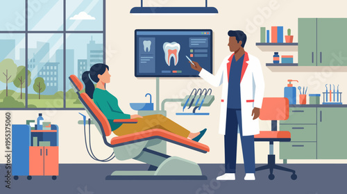 The image portrays a modern dental clinic where a dentist is explaining treatment options to a patient, showcasing advancements in dental technology and patient care.
