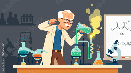 A scientist conducts colorful chemical experiments in a lab, showcasing curiosity and creativity in science while illustrating the wonders of experimentation and discovery.