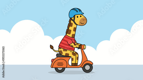 A cheerful giraffe rides a small scooter in a bright blue sky, showcasing fun and whimsy in an imaginative illustration that evokes feelings of joy and adventure.