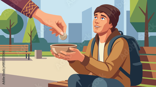 This touching image depicts a person offering a coin to someone in need, capturing the essence of compassion, empathy, and the spirit of giving in a public space.