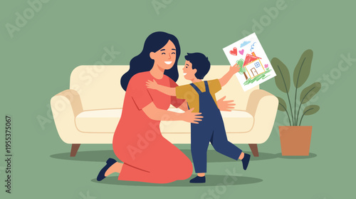 A heartwarming scene of a parent embracing their child who proudly showcases a drawing, emphasizing family bonds, love, and the joy of creativity in daily life.