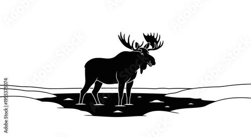 Moose in the Snow Landscape.