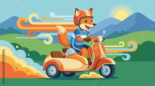 A spirited fox zooms along on a scooter through a colorful landscape, celebrating freedom and joy while embodying a playful spirit and love for the outdoors among nature.