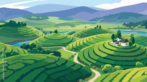 This stunning illustration captures the serene beauty of rolling green hills, a tranquil landscape that represents nature's lushness and the harmony of rural life.