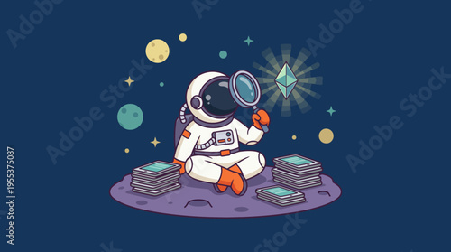An imaginative depiction of an astronaut sitting on the moon while examining a bright diamond with a magnifying glass, surrounded by stars and planets in the vast space.