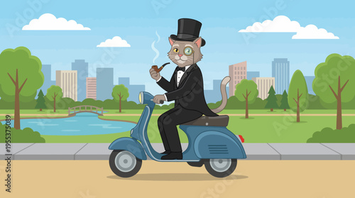 A whimsical illustration of a cat dressed in a tuxedo, riding a scooter while smoking a pipe, surrounded by trees, buildings, and a calm lake in a vibrant park setting.