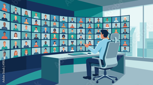 A modern depiction of a virtual meeting room where a person addresses many participants displayed on large screens, emphasizing the digital connectivity of remote communication.