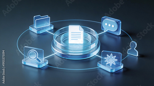 3d isometric knowledge management illustration with central document hub search communication folders user access and insight sharing across a connected digital workspace