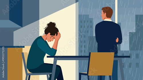 The image depicts a tense moment in a relationship, capturing the emotional struggles of a woman sitting in despair while a man stands distant, highlighting feelings of frustration and sadness.