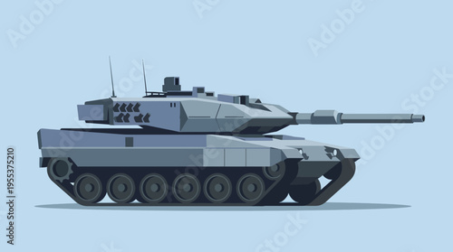The image features a stylized representation of a military tank, showcasing modern warfare themes through simplistic, artistic visuals and bold color choices without detail overload.