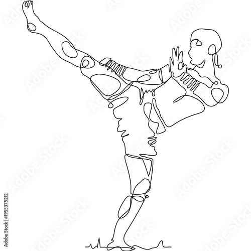 Continuous line drawing of Muay Thai fighters in action pose, showing kick and defense. Minimal vector style ideal for prints, textiles, posters, and modern sports design.