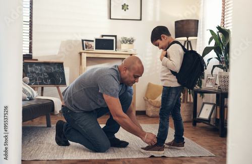Quadro su tela Father, boy and tie lace in home with morning routine, sneakers or getting ready for school day together