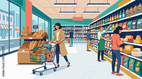 A vibrant scene in a grocery store showcases a shopper selecting products, highlighting the diversity of modern shopping experiences and daily life in a bustling environment.