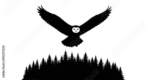 Owl flying over pine trees.