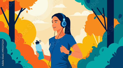A vibrant illustration of a woman jogging in a colorful natural setting emphasizes health, fitness, and well-being, highlighting the importance of physical activity in beautiful surroundings.