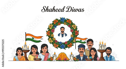 Illustration of a diverse group of people paying tribute to Indian martyrs on Shaheed Diwas with a floral wreath and candles, conveying a patriotic and solemn mood.