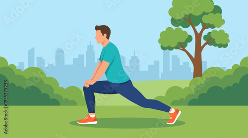 A serene image of a man performing a stretch in a city park symbolizes the integration of fitness into urban life and the balance between health and a busy lifestyle in modern settings.