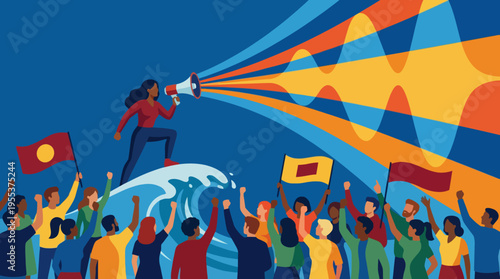 The image captures a dynamic protest scene where a young activist speaks out with a megaphone, symbolizing the importance of speaking up for justice and equality in today's society.