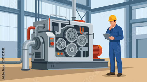 A professional engineer inspecting a complex machine in an industrial setting, representing innovation, technical expertise, and the importance of safety and maintenance in engineering.