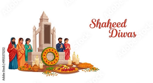 Illustration of people paying tribute to martyrs on Shaheed Diwas with a monument and floral wreath in a patriotic setting.
