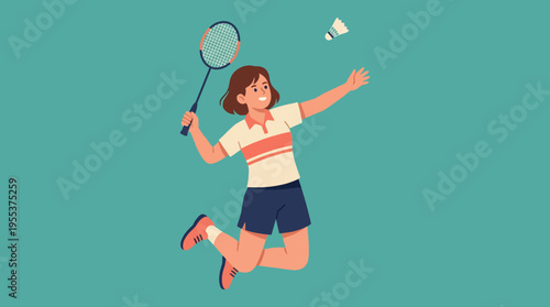 A young girl joyfully leaps to hit a shuttlecock with her racket, showcasing her athleticism and skill while embodying the spirit of sportsmanship and fun.