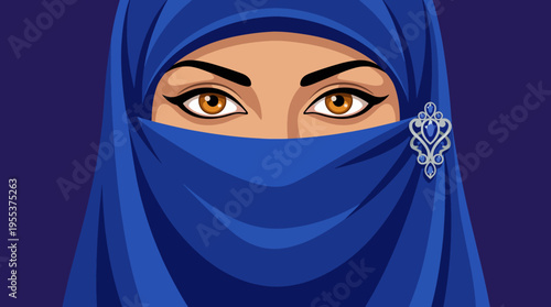 A beautifully veiled woman gazes directly at the viewer, her captivating eyes and elegant attire convey an aura of mystery and cultural significance.