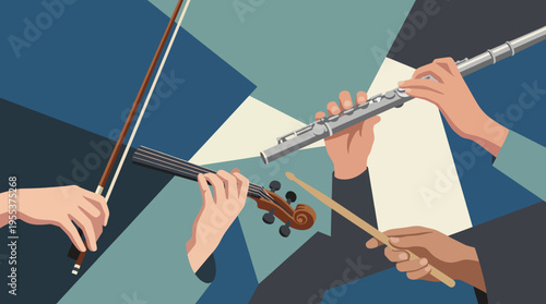 Hands skillfully play a flute, violin, and percussion, creating an atmosphere of collaboration and musical harmony, highlighting the joy of creating together.