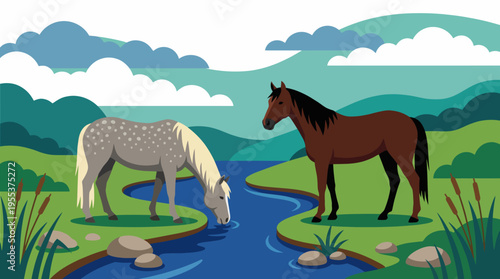 A picturesque scene featuring two horses by a flowing river surrounded by lush green hills and vibrant skies, depicting harmony and tranquility in nature's beauty.