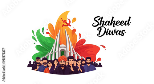 Illustration of people gathered around a monument with Indian flag colors on Shaheed Diwas, a tribute to Indian martyrs and freedom fighters.
