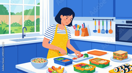 A woman in a sunny kitchen prepares fresh ingredients for healthy meals, reflecting the joys of cooking and the importance of balanced nutrition in daily life.