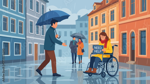 A thoughtful man approaches a woman in a wheelchair, holding a 'Need Help' sign, illustrating empathy, kindness, and the importance of community support in challenging times.