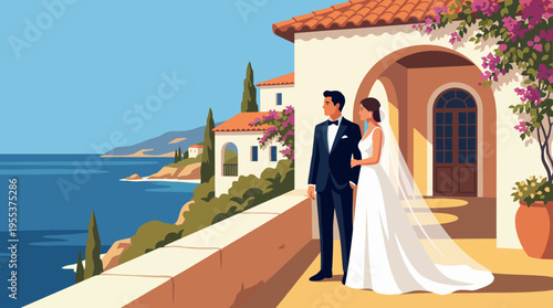 A romantic couple in formal wedding attire stands on a terrace overlooking a stunning seaside view, capturing love and celebration in a serene, picturesque environment.