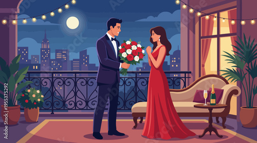 A charming couple shares a romantic moment on a balcony, surrounded by beautiful city lights and a tranquil atmosphere, embodying love and connection.