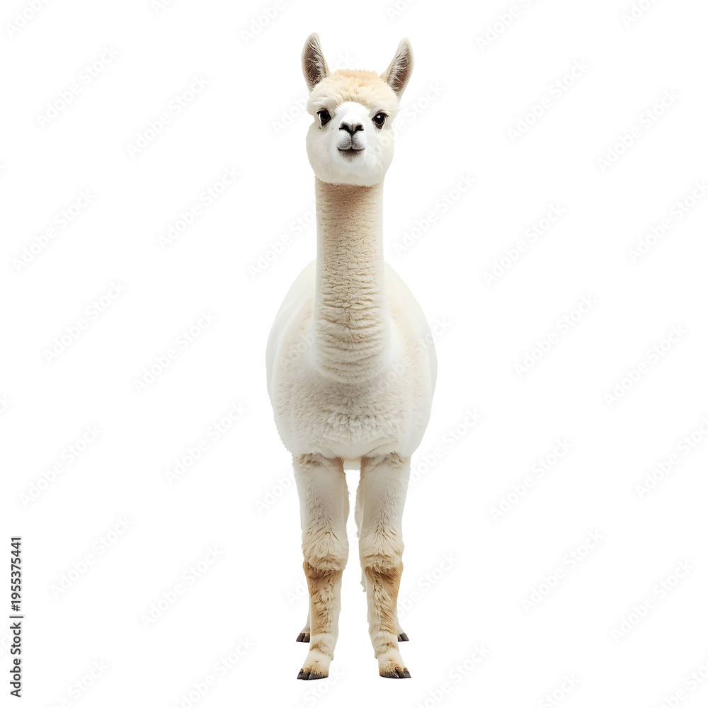Obraz premium Fluffy White Alpaca Standing Looking Front Easy To Edit Transparent PNG Animal File